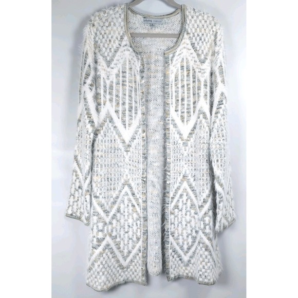 Absolutely Famous Aztec Cardigan Duster Womens XL Gray White Long Sleeve Fuzzy - Picture 1 of 6